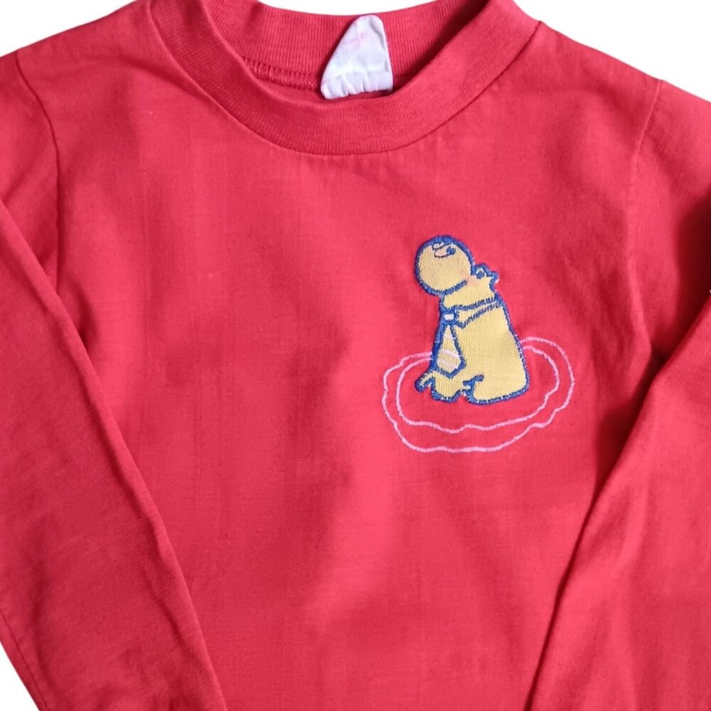 Boys 4T Vintage T-shirt Red Long-Sleeve Toddler Time Embroidered Hippo JC Penney